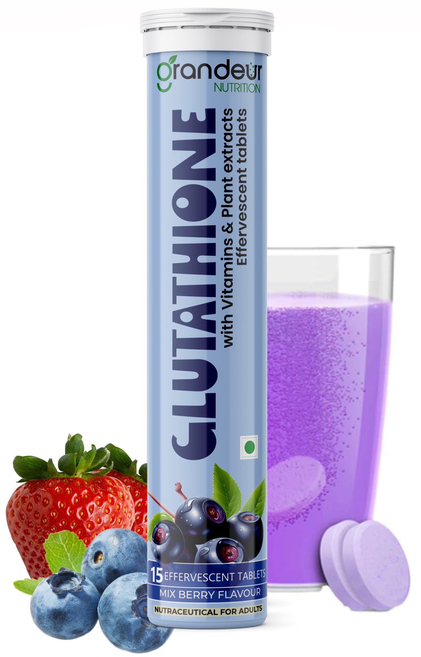 Grandeur Glutathione Tablets for Glowing, Radiant And Youthful Skin, 600mg L-Glutathione, Hyaluronic Acid, Acai Berry Extract | 15 Tab Collagen Supplements |