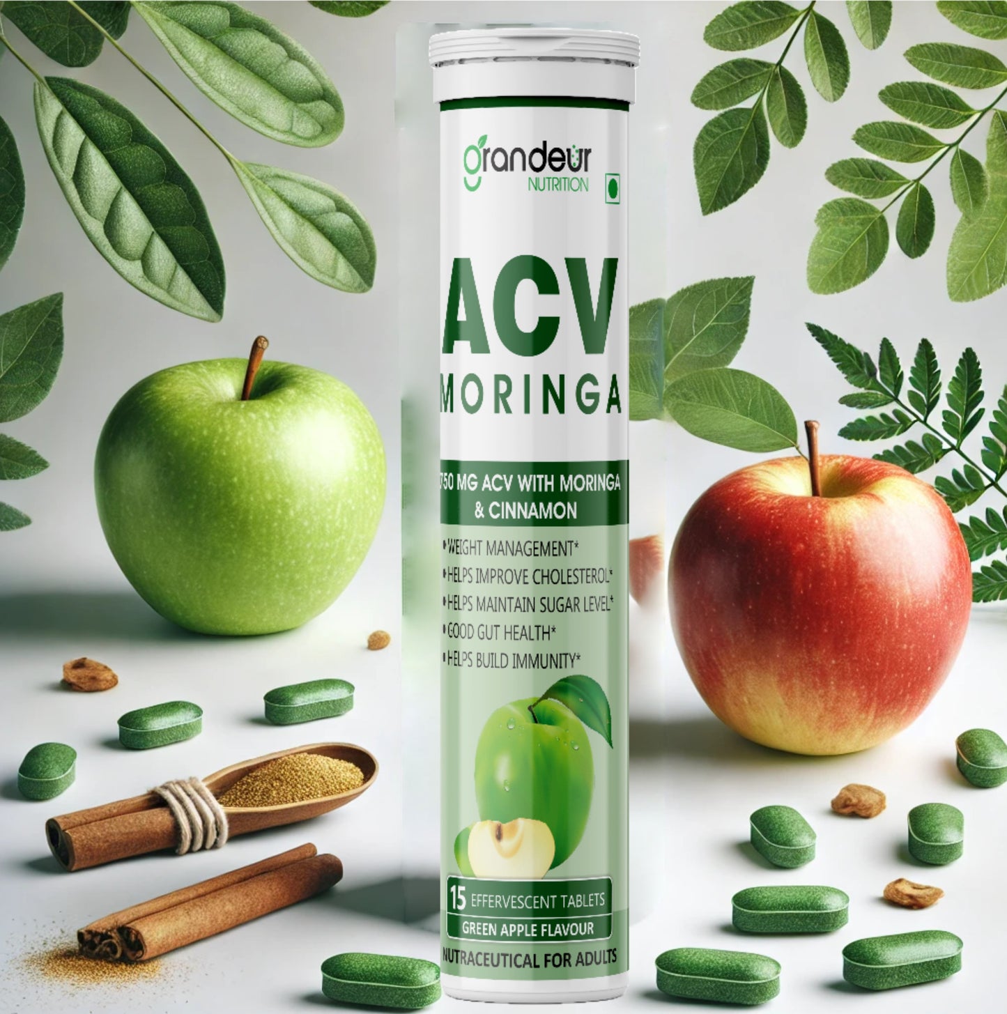 Grandeur Plant Based ACV Moringa, 60 Apple Cider Vinegar Tablets For Weight Management 750mg, With Cinnamon | Controls Cravings | No Added Sugar | Natural Energy Booster | Healthy Gut | Green Apple