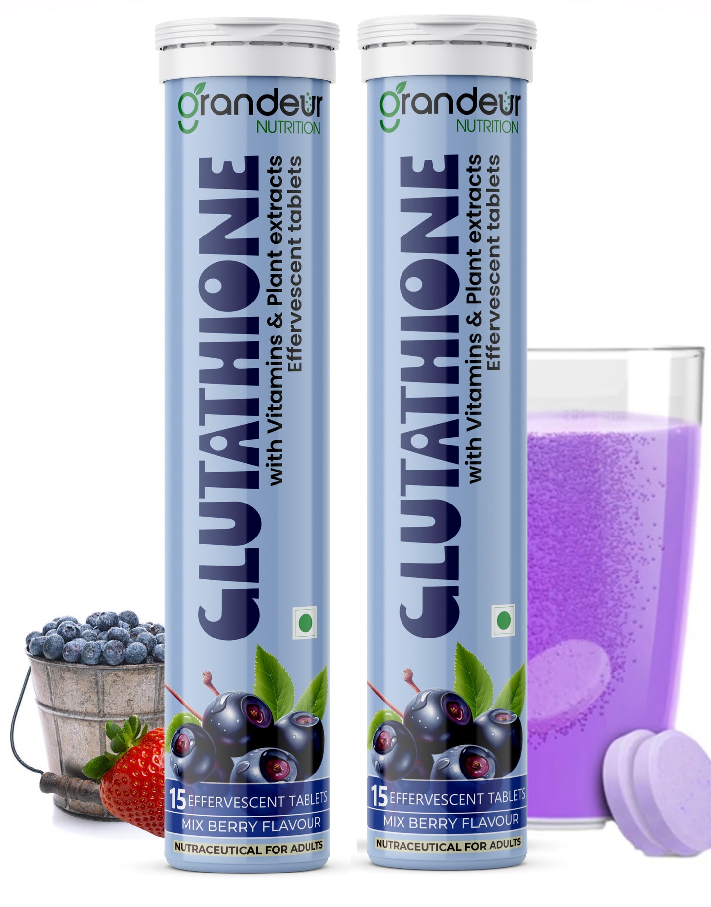 Grandeur Glutathione Tablets for Glowing, Radiant And Youthful Skin, 600mg L-Glutathione, Hyaluronic Acid, Acai Berry Extract | 15 Tab Collagen Supplements |