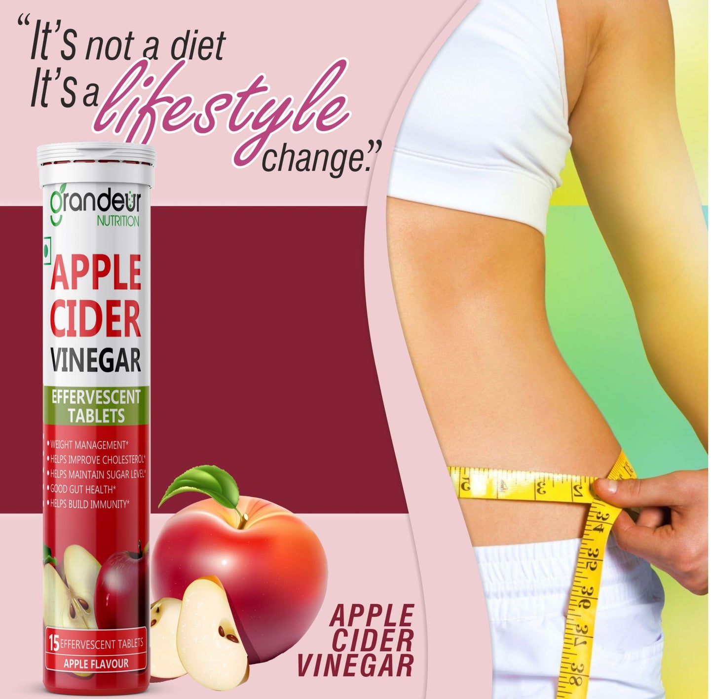 Grandeur Apple Cider Vinegar Effervescent Tablets With 500 mg Apple Cider, Pomegranate Extract 100 mg, Vitamin B6, B12 - Sugar Free, For Immunity & Weight Management- 45 Tab