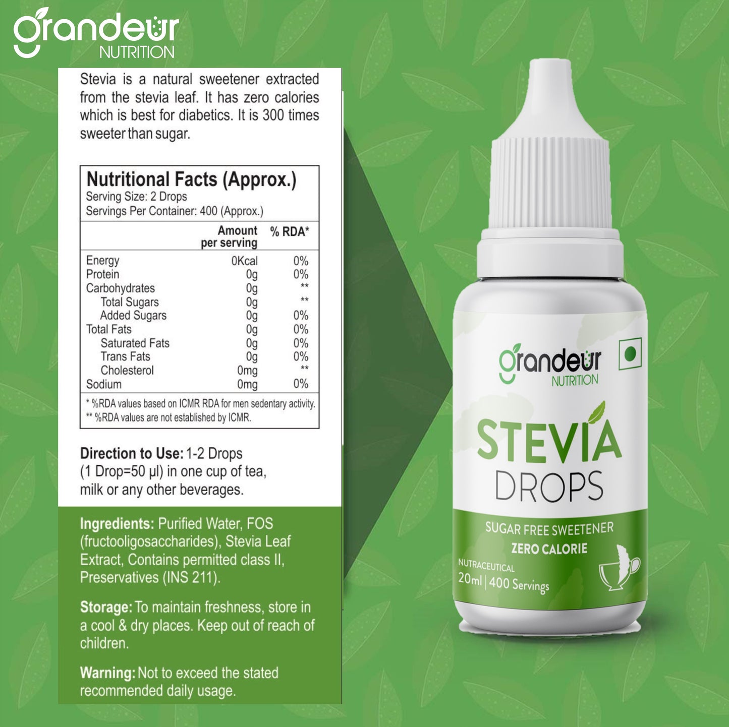 Grandeur Zero Colorie Sugar Free Stevia Drops, No Maltodextrin No Dextrose, For Keto Diet & Weight Watchers, Sugar Substitute - 20ml ( 400 servings)
