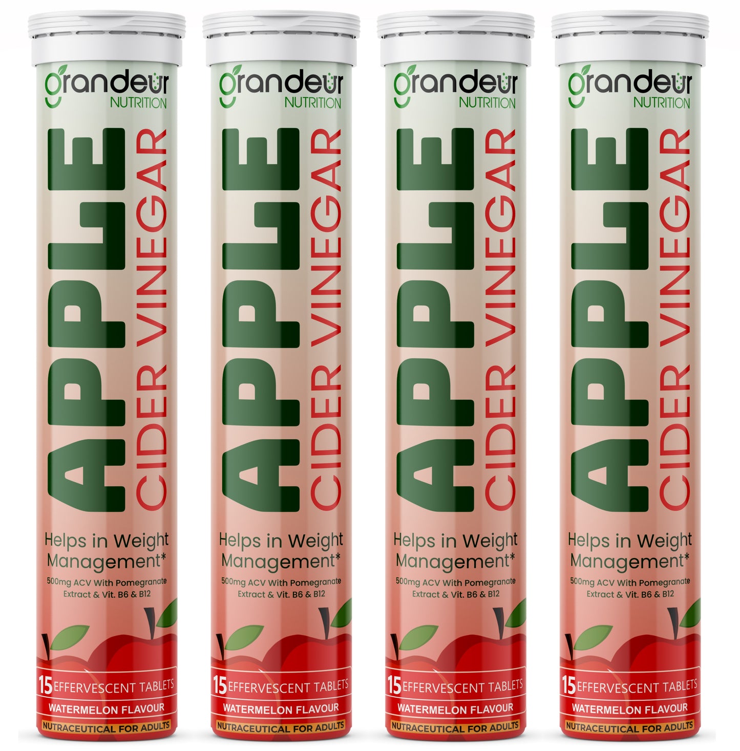 Grandeur Plant Based Apple Cider Vinegar Effervescent Tablets With 500 mg Apple Cider, Pomegranate Extract 100 mg, Vitamin B6, B12 - Sugar Free, For Immunity & Weight Management