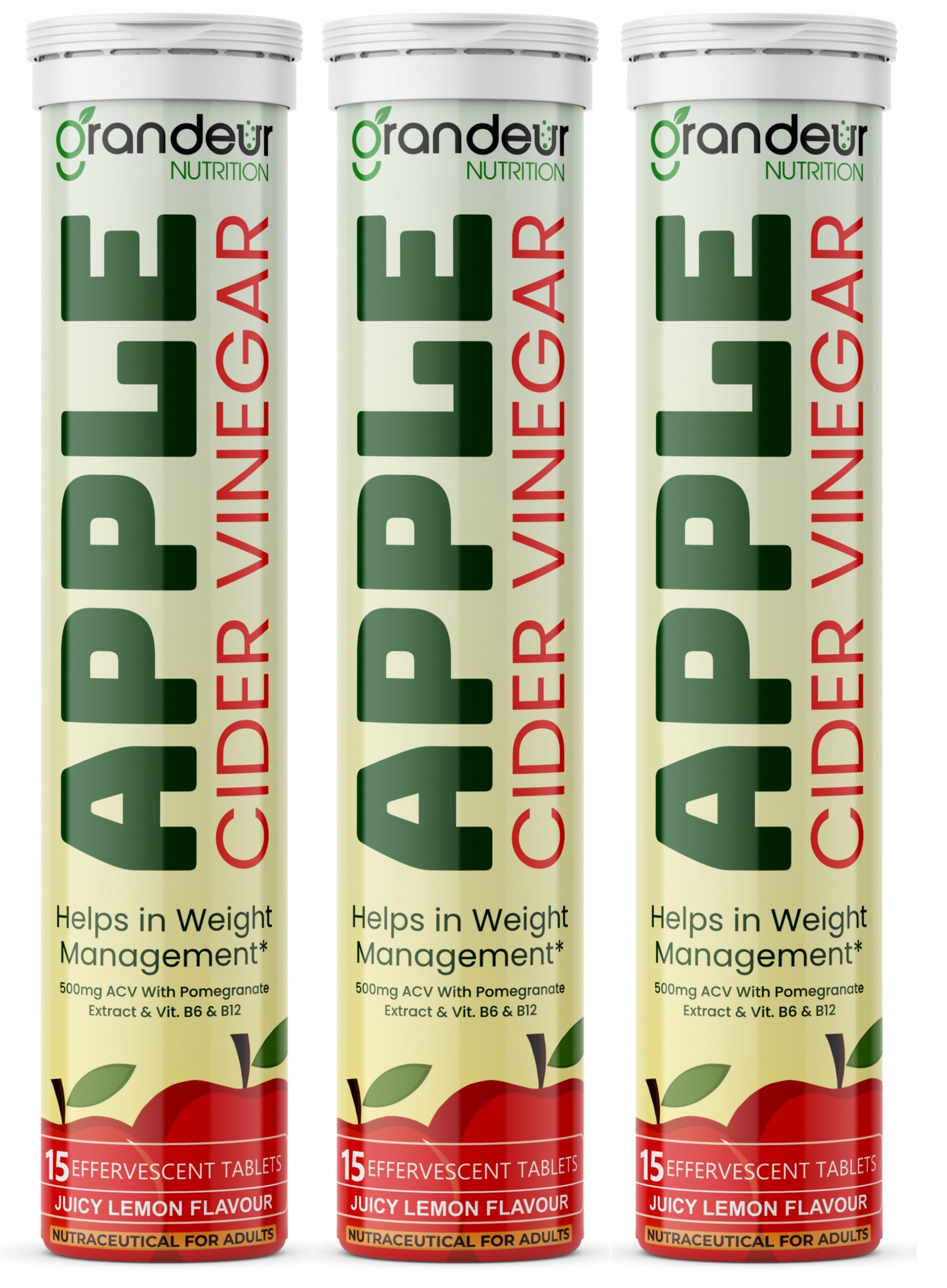 Grandeur Plant Based Apple Cider Vinegar Effervescent Tablets With 500 mg Apple Cider, Pomegranate Extract 100 mg, Vitamin B6, B12 - Sugar Free, For Immunity & Weight Management