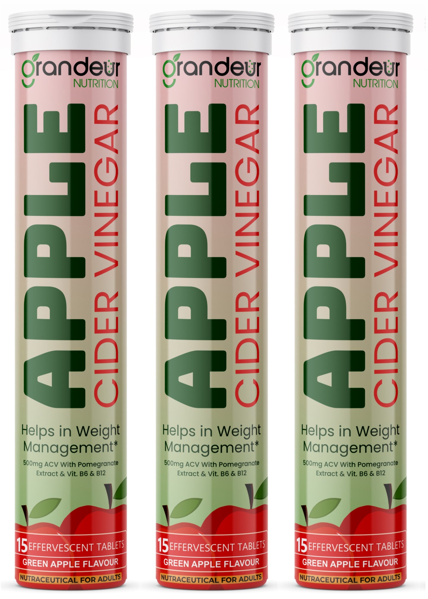 Grandeur Plant Based Apple Cider Vinegar Effervescent Tablets With 500 mg Apple Cider, Pomegranate Extract 100 mg, Vitamin B6, B12 - Sugar Free, For Immunity & Weight Management