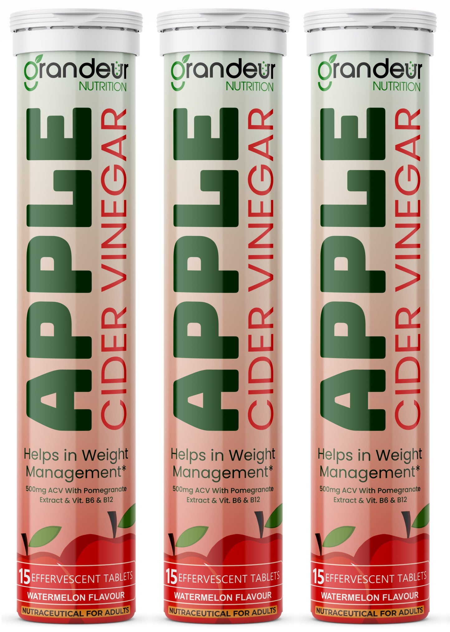 Grandeur Plant Based Apple Cider Vinegar Effervescent Tablets With 500 mg Apple Cider, Pomegranate Extract 100 mg, Vitamin B6, B12 - Sugar Free, For Immunity & Weight Management
