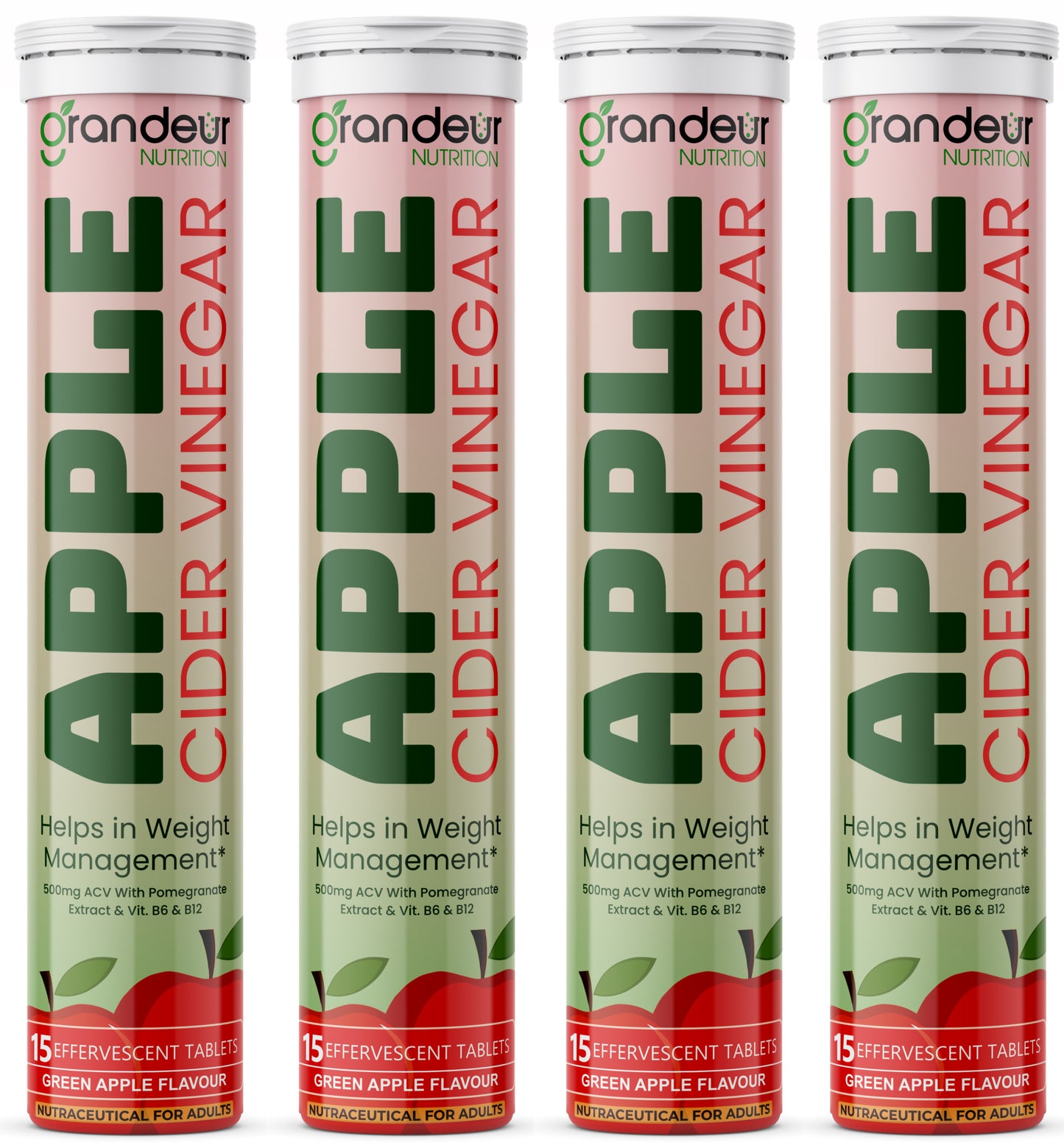 Grandeur Plant Based Apple Cider Vinegar Effervescent Tablets With 500 mg Apple Cider, Pomegranate Extract 100 mg, Vitamin B6, B12 - Sugar Free, For Immunity & Weight Management