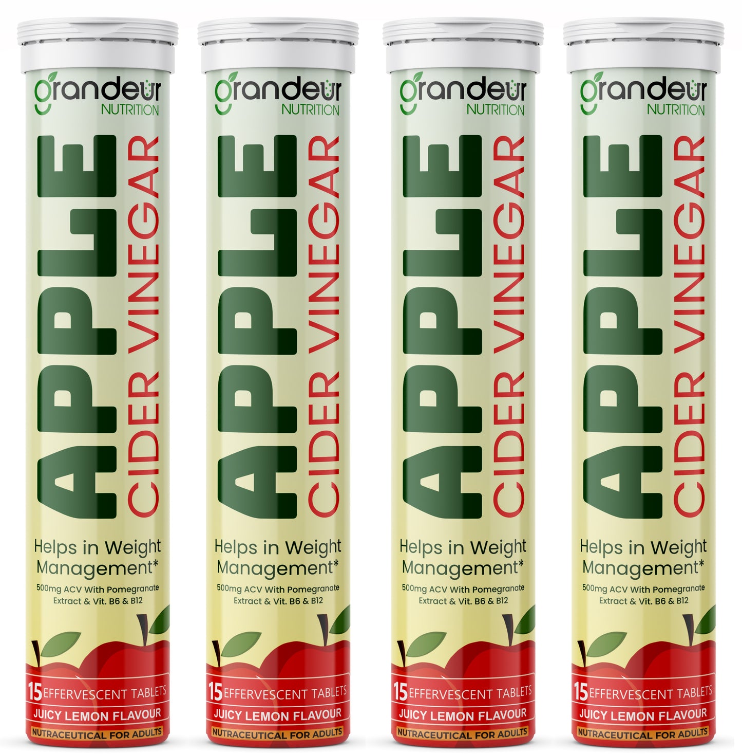 Grandeur Plant Based Apple Cider Vinegar Effervescent Tablets With 500 mg Apple Cider, Pomegranate Extract 100 mg, Vitamin B6, B12 - Sugar Free, For Immunity & Weight Management