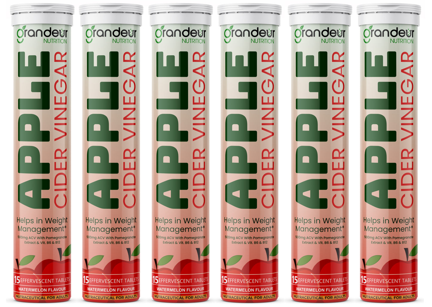 Grandeur Plant Based Apple Cider Vinegar Effervescent Tablets With 500 mg Apple Cider, Pomegranate Extract 100 mg, Vitamin B6, B12 - Sugar Free, For Immunity & Weight Management