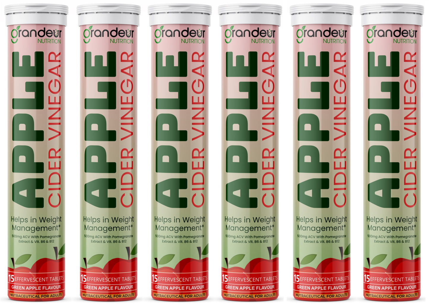 Grandeur Plant Based Apple Cider Vinegar Effervescent Tablets With 500 mg Apple Cider, Pomegranate Extract 100 mg, Vitamin B6, B12 - Sugar Free, For Immunity & Weight Management