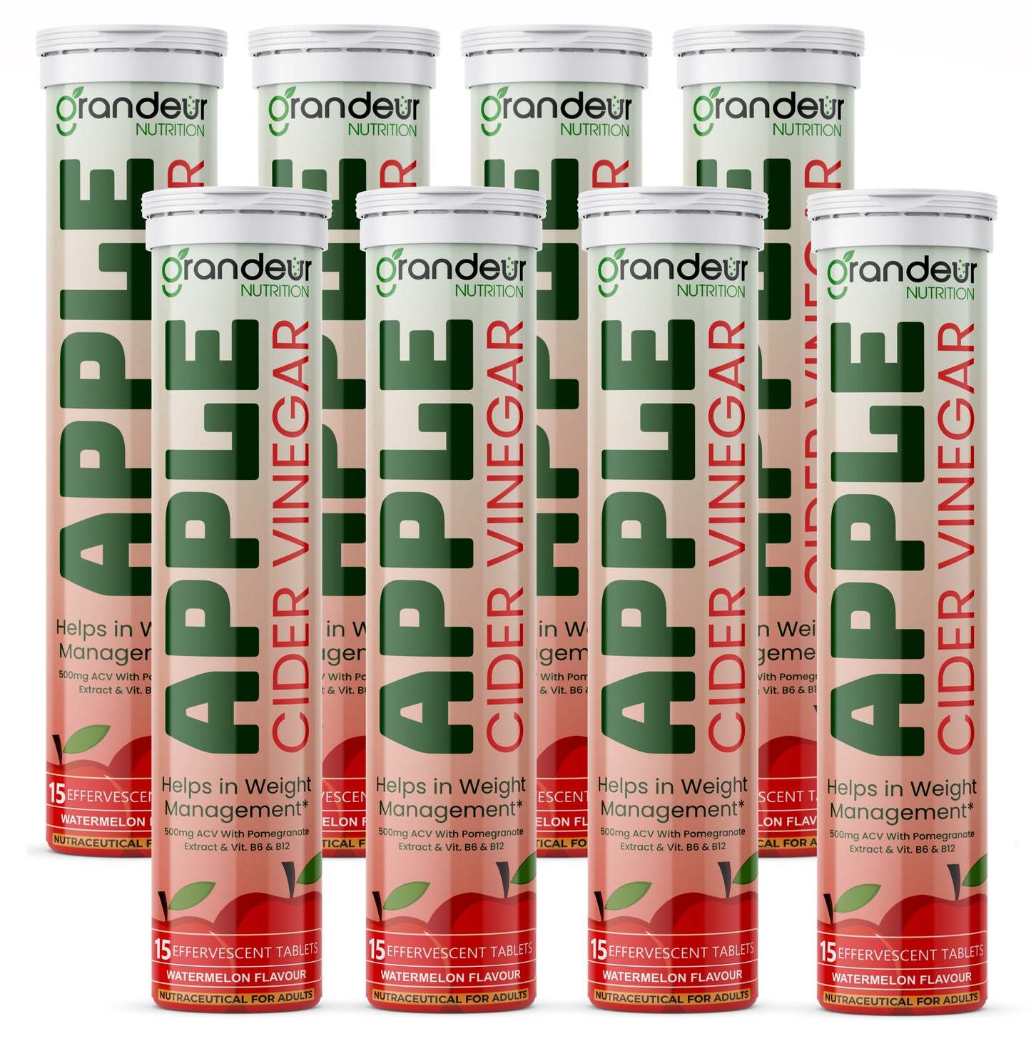 Grandeur Plant Based Apple Cider Vinegar Effervescent Tablets With 500 mg Apple Cider, Pomegranate Extract 100 mg, Vitamin B6, B12 - Sugar Free, For Immunity & Weight Management