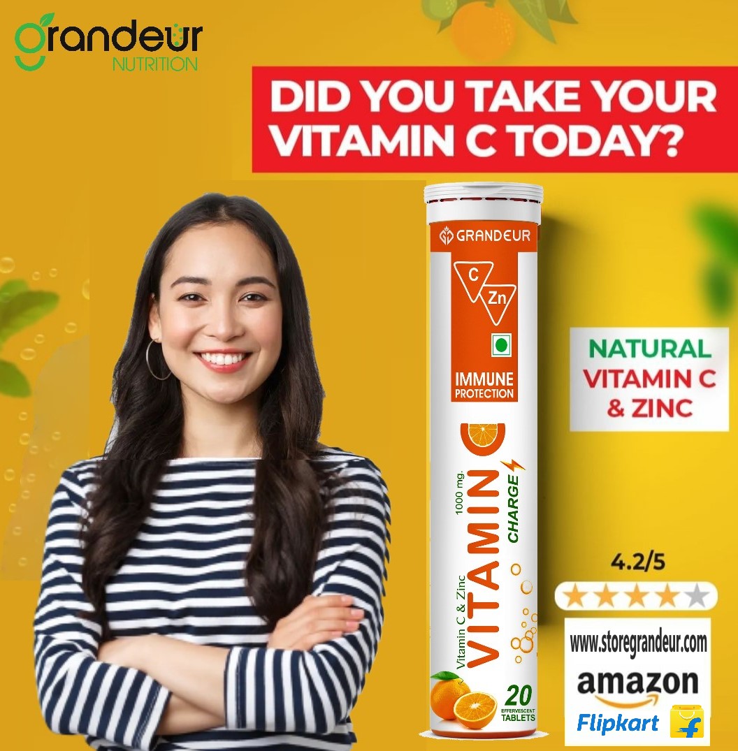 Grandeur Vitamin C Charge Immune Protection - With Natural Vitamin C & Zinc- 60 Effervescent Tablets | Orange Flavour | Immunity Booster | Antioxidant | Glowing Skin |