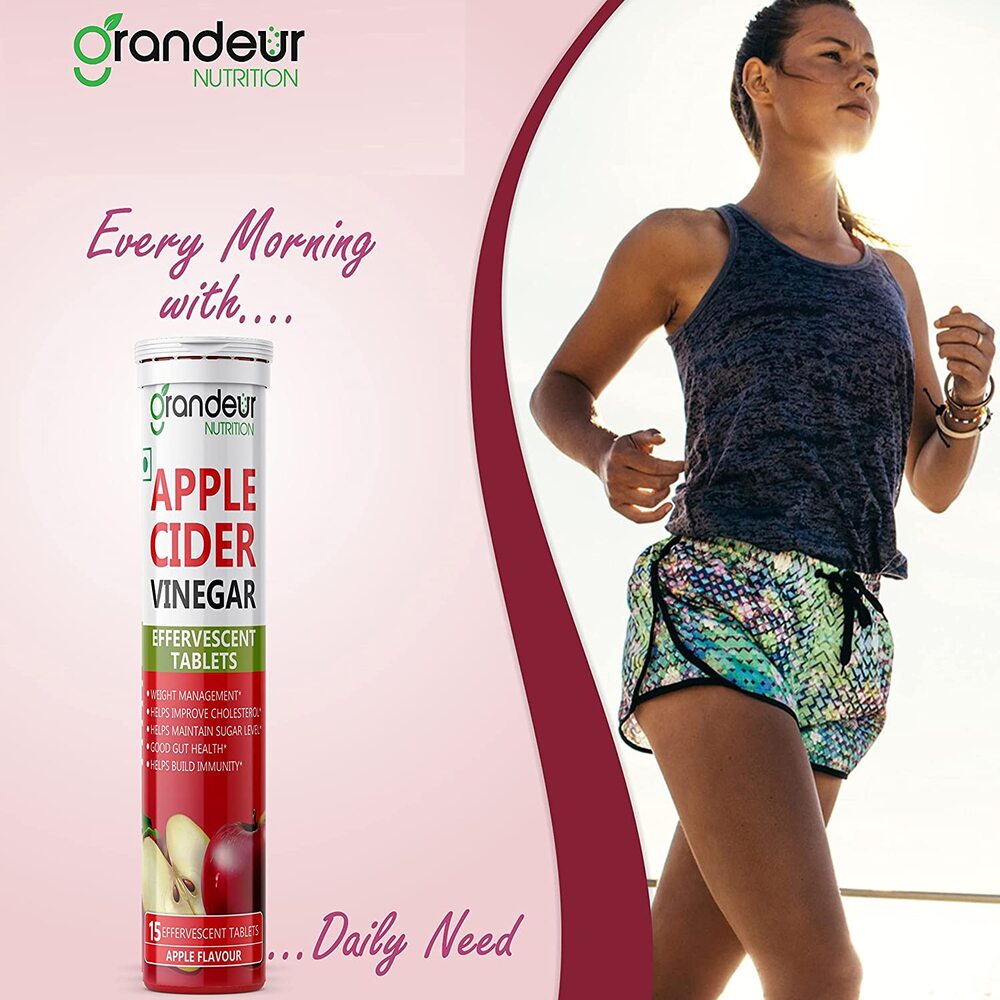Grandeur Plant Based Apple Cider Vinegar Effervescent Tablets With 500 mg Apple Cider, Pomegranate Extract 100 mg, Vitamin B6, B12 - Sugar Free, For Immunity & Weight Management