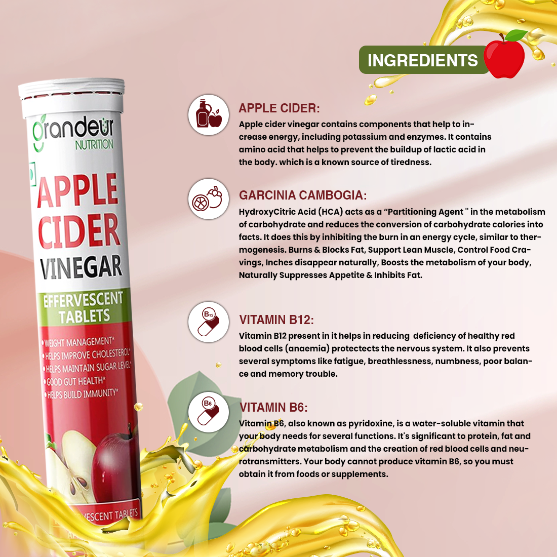 Grandeur Plant Based Apple Cider Vinegar Effervescent Tablets With 500 mg Apple Cider, Pomegranate Extract 100 mg, Vitamin B6, B12 - Sugar Free, For Immunity & Weight Management