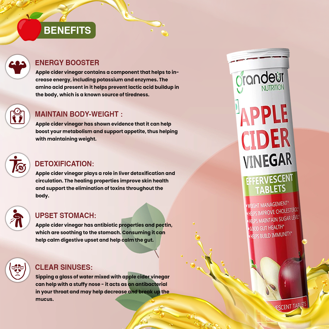 Grandeur Plant Based Apple Cider Vinegar Effervescent Tablets With 500 mg Apple Cider, Pomegranate Extract 100 mg, Vitamin B6, B12 - Sugar Free, For Immunity & Weight Management