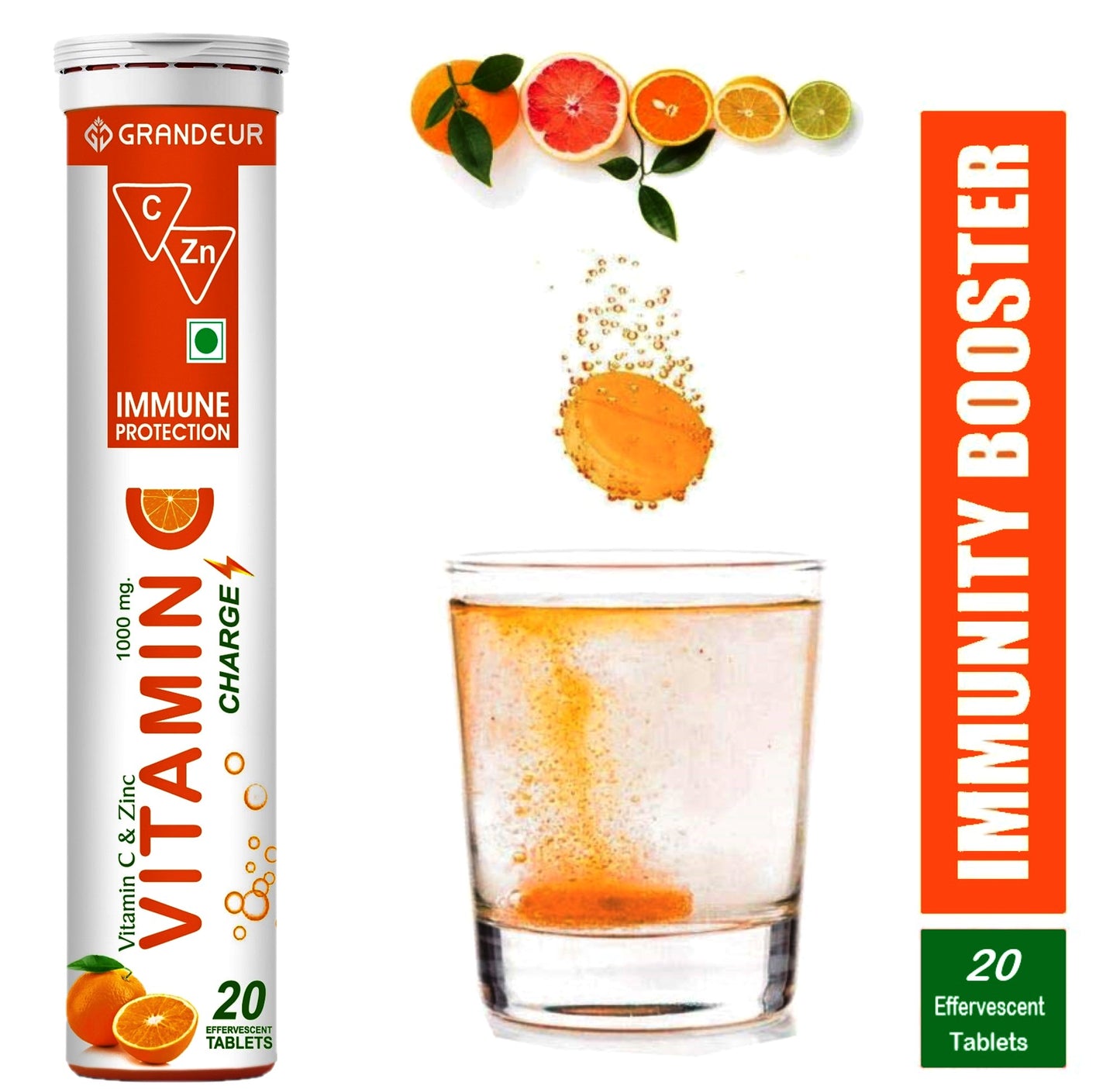 Grandeur Vitamin C Charge Immune Protection - With Natural Vitamin C & Zinc- 60 Effervescent Tablets | Orange Flavour | Immunity Booster | Antioxidant | Glowing Skin |
