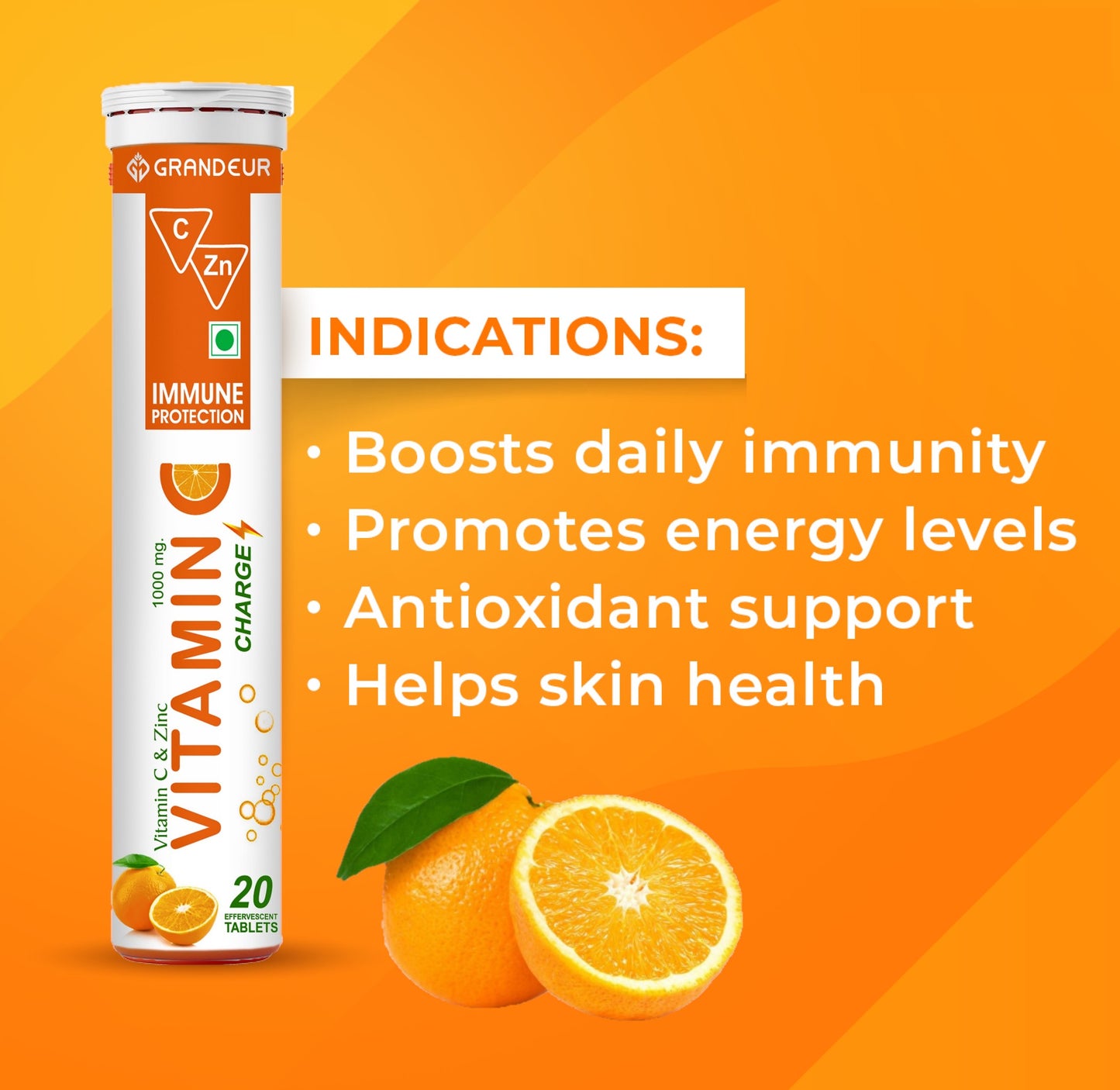 Grandeur Vitamin C Charge Immune Protection - With Natural Vitamin C & Zinc- 60 Effervescent Tablets | Orange Flavour | Immunity Booster | Antioxidant | Glowing Skin |