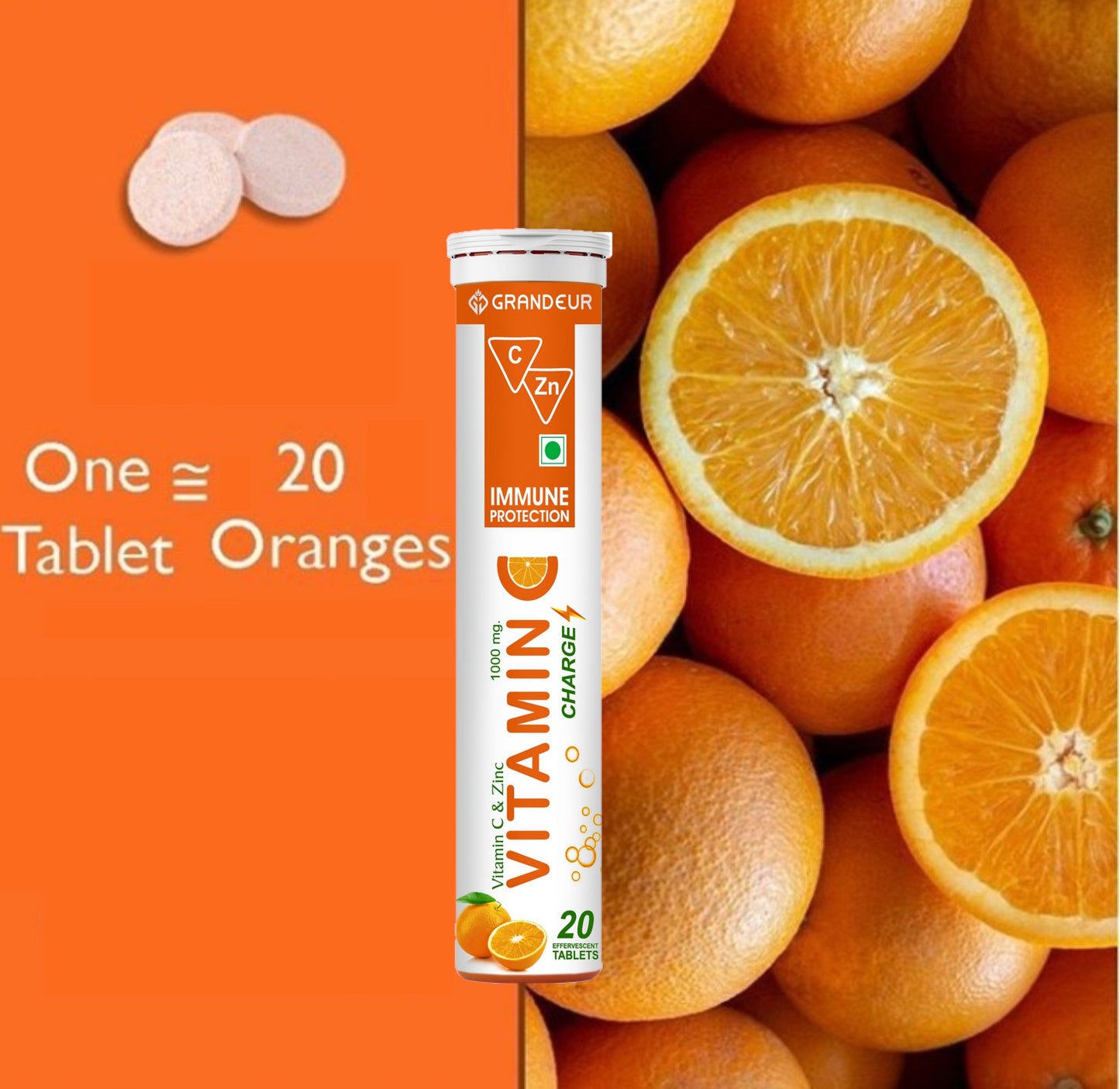 Grandeur Vitamin C Charge Immune Protection - With Natural Vitamin C & Zinc- 60 Effervescent Tablets | Orange Flavour | Immunity Booster | Antioxidant | Glowing Skin |