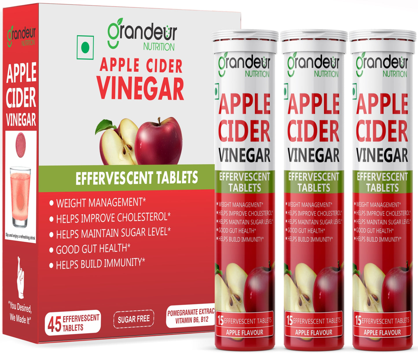 Grandeur Apple Cider Vinegar Effervescent Tablets With 500 mg Apple Cider, Pomegranate Extract 100 mg, Vitamin B6, B12 - Sugar Free, For Immunity & Weight Management- 45 Tab