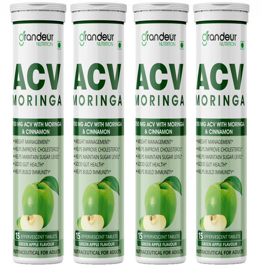 Grandeur Plant Based ACV Moringa, 60 Apple Cider Vinegar Tablets For Weight Management 750mg, With Cinnamon | Controls Cravings | No Added Sugar | Natural Energy Booster | Healthy Gut | Green Apple