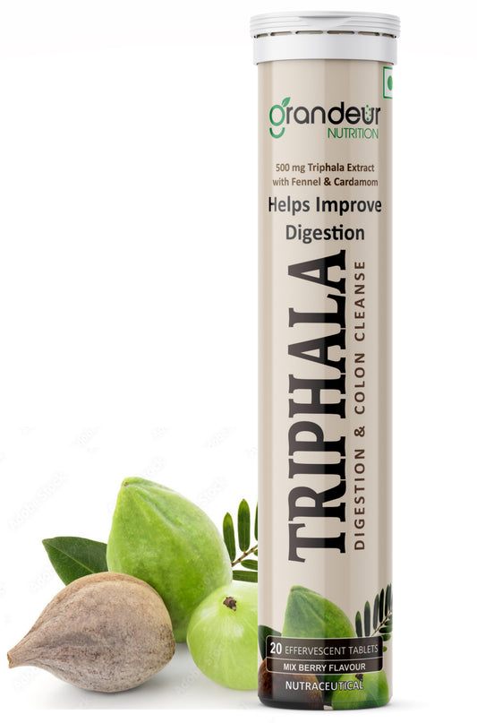 Grandeur Triphala Effervescent | Relieves Constipation, Colon Cleanse, Manage Weight & Improves Digestive Health | Harad : Baheda : Amla- 1:2:3 ratio, With Saunf & Cardamom| 20 Tablets