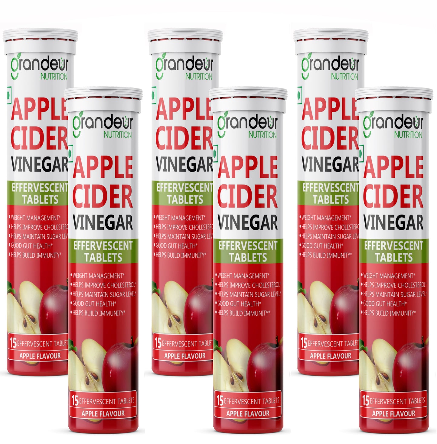 Grandeur Plant Based Apple Cider Vinegar Effervescent Tablets With 500 mg Apple Cider, Pomegranate Extract 100 mg, Vitamin B6, B12 - Sugar Free, For Immunity & Weight Management