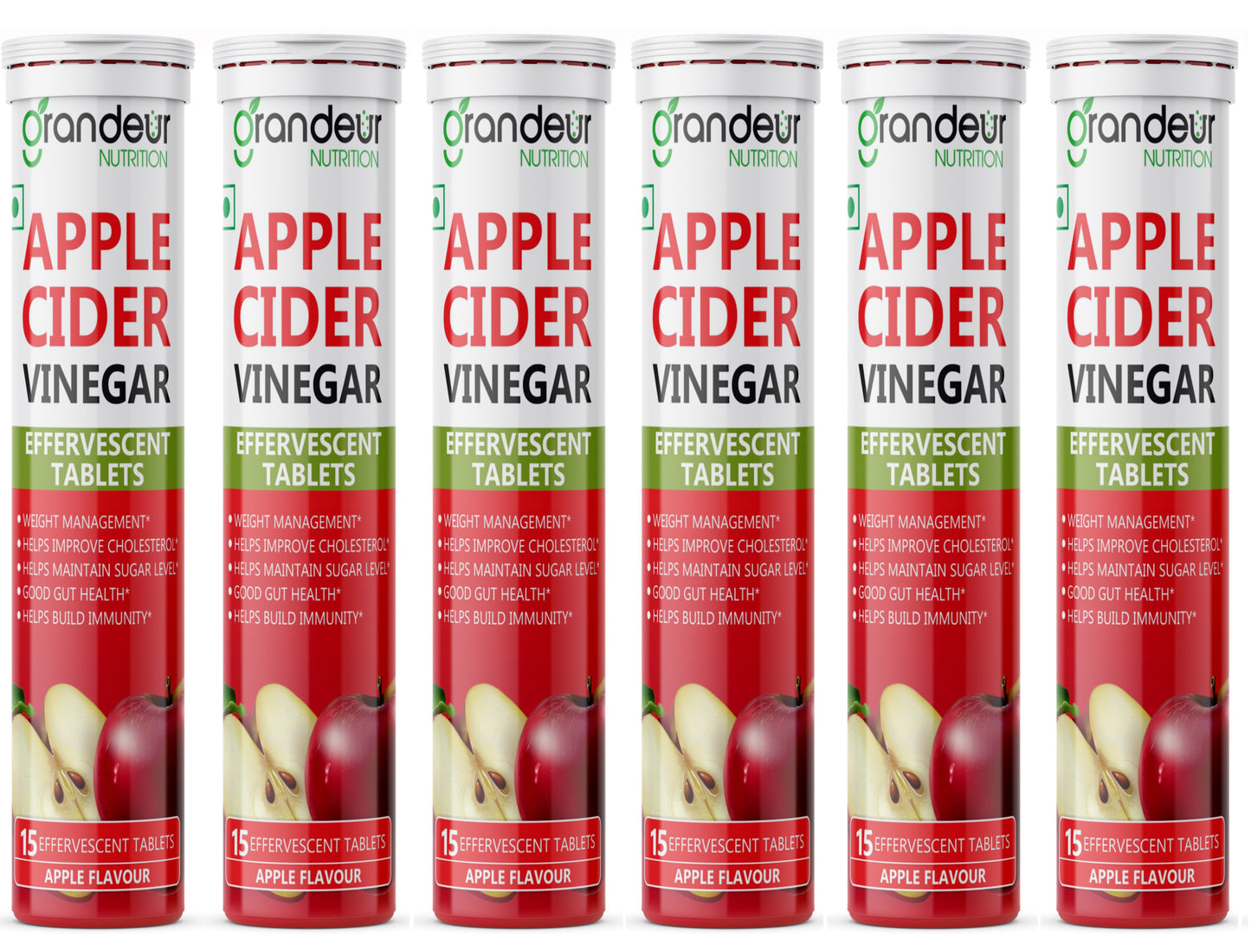 Grandeur (PACK OF 6) Plant Based Apple Cider Vinegar Effervescent Tablets With 500 mg Apple Cider, Pomegranate Extract 100 mg, Vitamin B6, B12 - Sugar Free, For Immunity & Weight Management- 90 Tabs