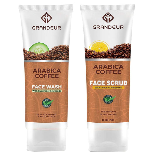 Grandeur Coffee Face Wash & Face Scrub With Goodness Of Coffee, Cucumber, Lemon, Avocado For Deep Cleansing & Exfoliation ( Combo Pack, 100 ML + 100 GM )