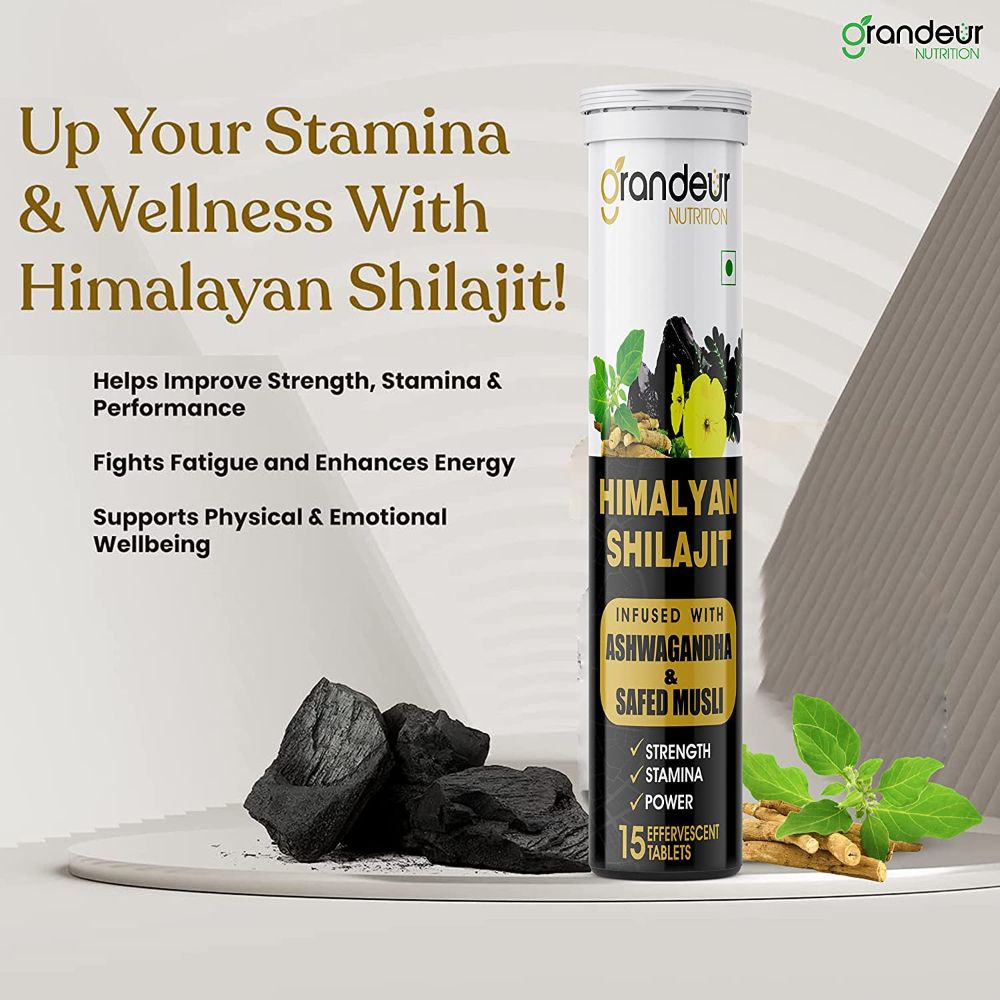 Grandeur Pure Himalayan Shilajit Ashwagandha Extract, Safed Musli, Gokshura & Saffron Effervescent Tablets For Men For Strength, Stamina & Performance ( 60 Tabs )
