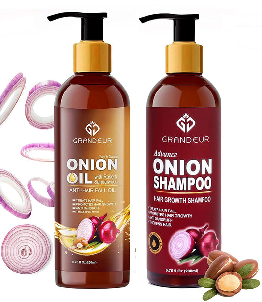 Grandeur Onion Oil for Hair And Onion Shampoo For Hair Growth With Red onion Extract And Essential Ingredients (200ml Each)