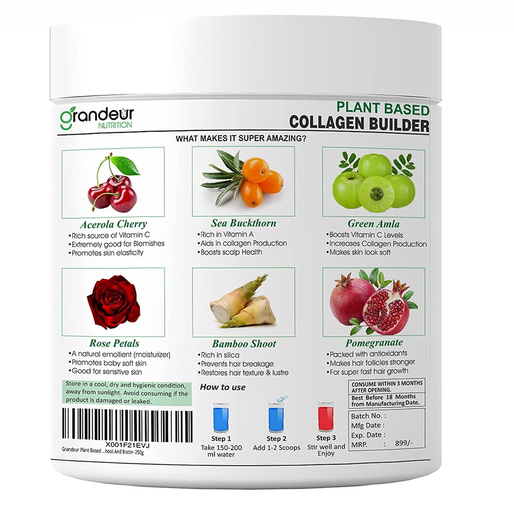 Grandeur Plant Based Collagen Builder For Anti Ageing Beauty, Skin Elasticity, Radiant & Youthful Skin And Healthy Hair With Vitamin C , Silica, Bamboo Shoot And Biotin- 250g