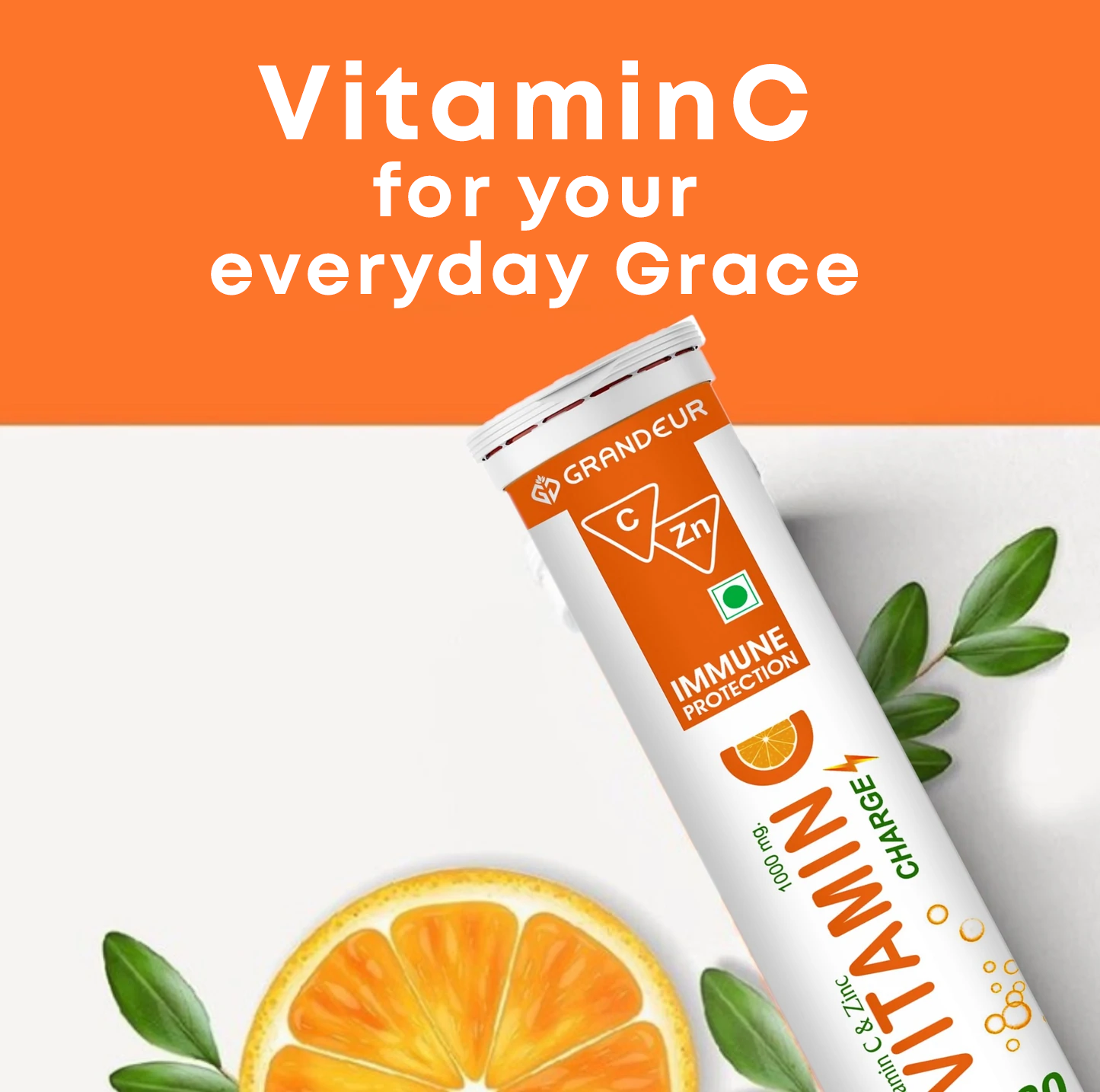 Grandeur Vitamin C Charge Immune Protection - With Natural Vitamin C & Zinc- 60 Effervescent Tablets | Orange Flavour | Immunity Booster | Antioxidant | Glowing Skin |