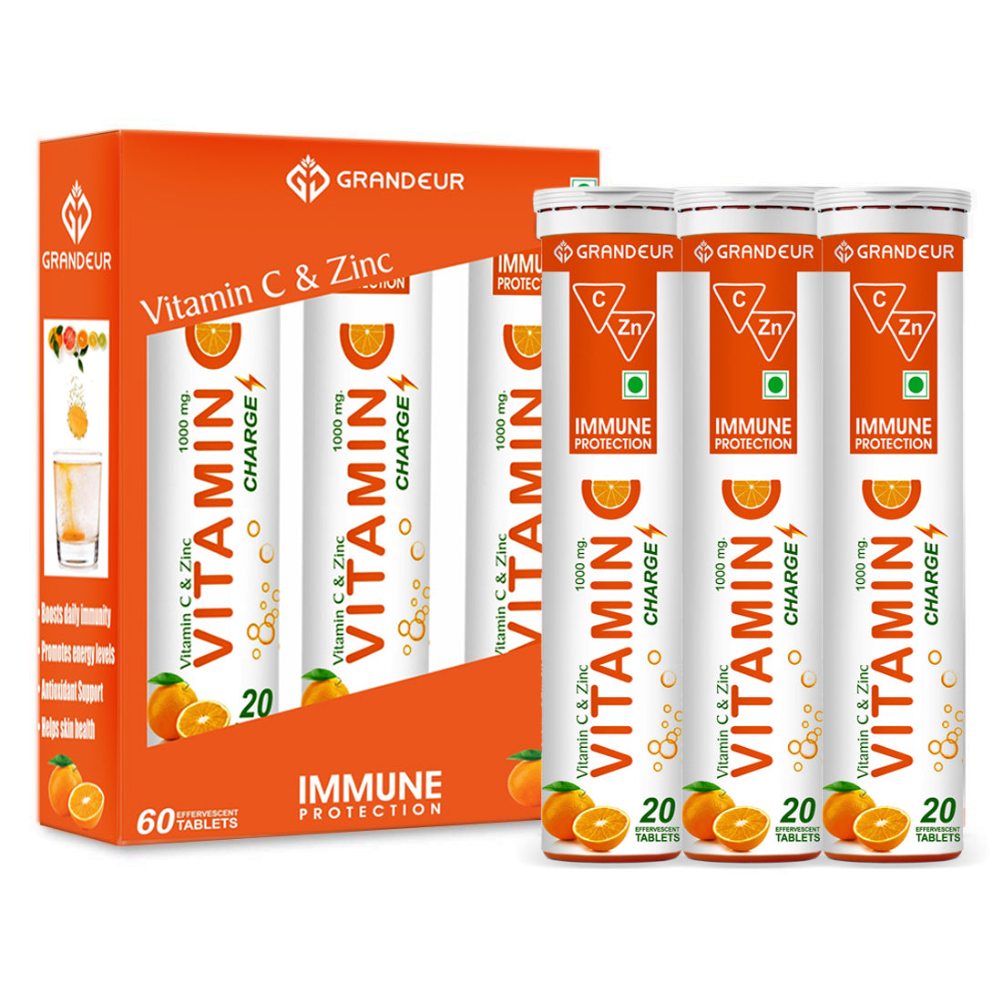 Grandeur Vitamin C Charge Immune Protection - With Natural Vitamin C & Zinc- 60 Effervescent Tablets | Orange Flavour | Immunity Booster | Antioxidant | Glowing Skin |